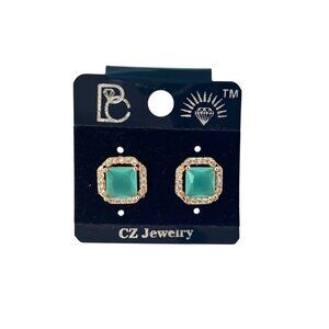 Elegant Turquoise & Gold-Tone Stud Earrings Sparkling Crystal Accents Square